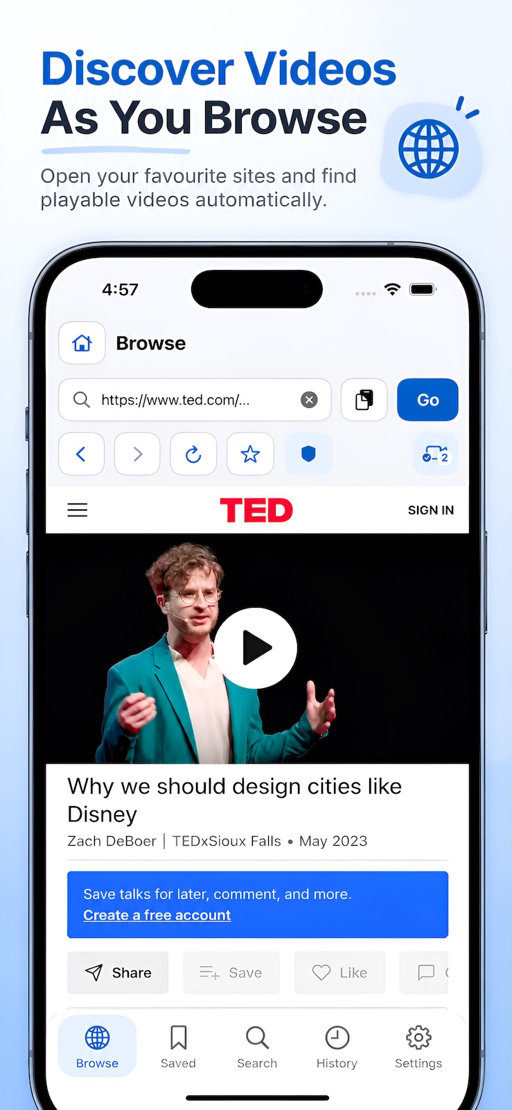 VideoNest browsing a TED page and automatically finding playable video sources